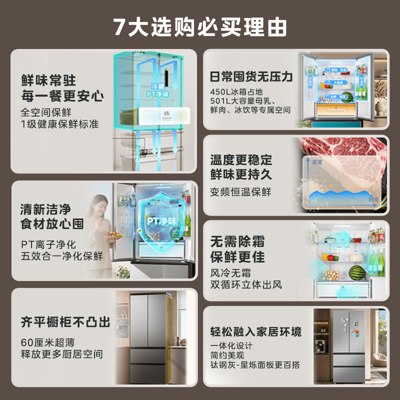 美的冰箱法式多门变频风冷无霜大容量家用四开门电冰箱 新国标真一级MR-521WFPEA 钛钢灰-星烁高清大图