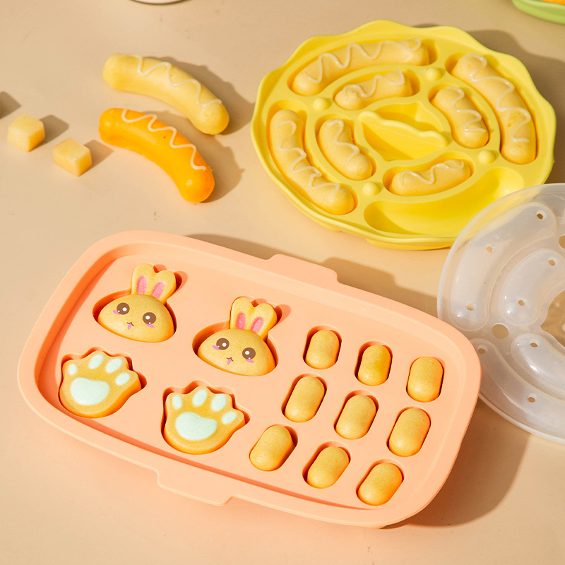 宝宝辅食模具香肠蒸糕工具全套食品级婴儿磨具肉肠可蒸硅胶婴幼儿 8连米克黄香肠模(送盖+油刷+50个裱花袋+食谱)