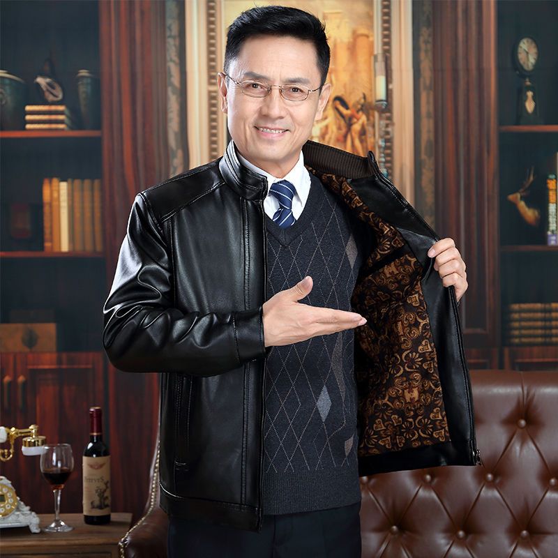 中年男士皮衣加绒皮衣男休闲皮夹克宽松大码皮衣外套中老年爸爸装衫伊格