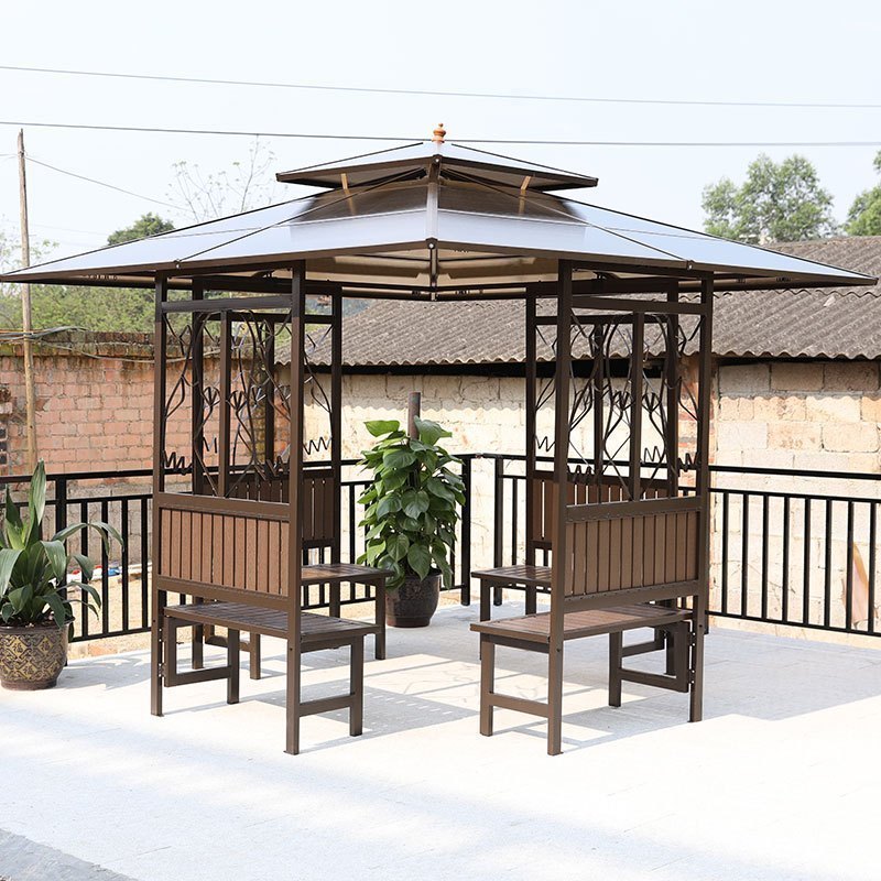 森美人户外凉亭工地茶水亭室外庭院别墅顶棚亭休闲防雨大亭子防晒四角亭 PC顶棚30*50管无桌【咖色】