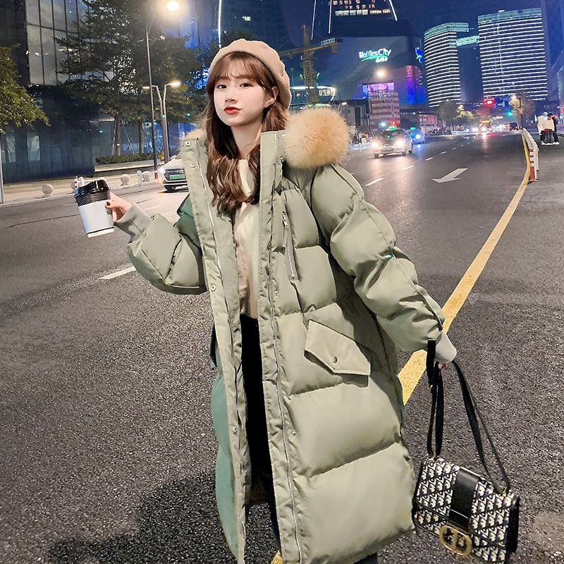 羽绒棉服女冬季2025年新款韩版加厚中长款面包服大码棉衣宽松棉袄 豆绿色（毛领可拆卸） XL