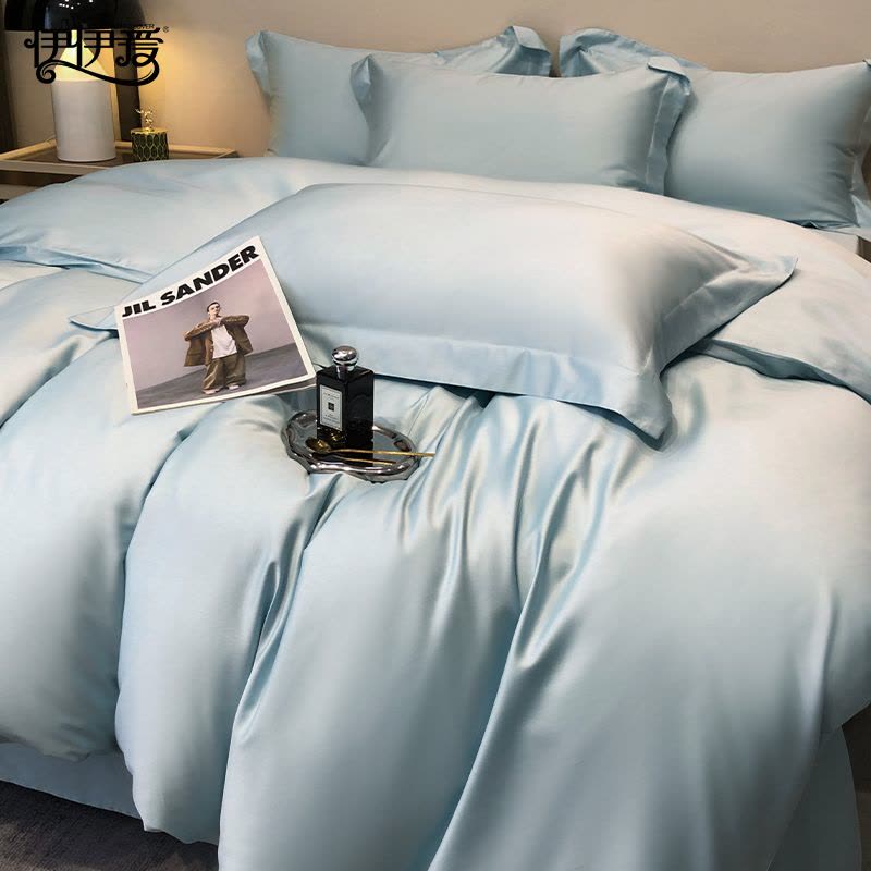 伊伊爱 贡缎60长绒棉简尚海上蓝四件套图片