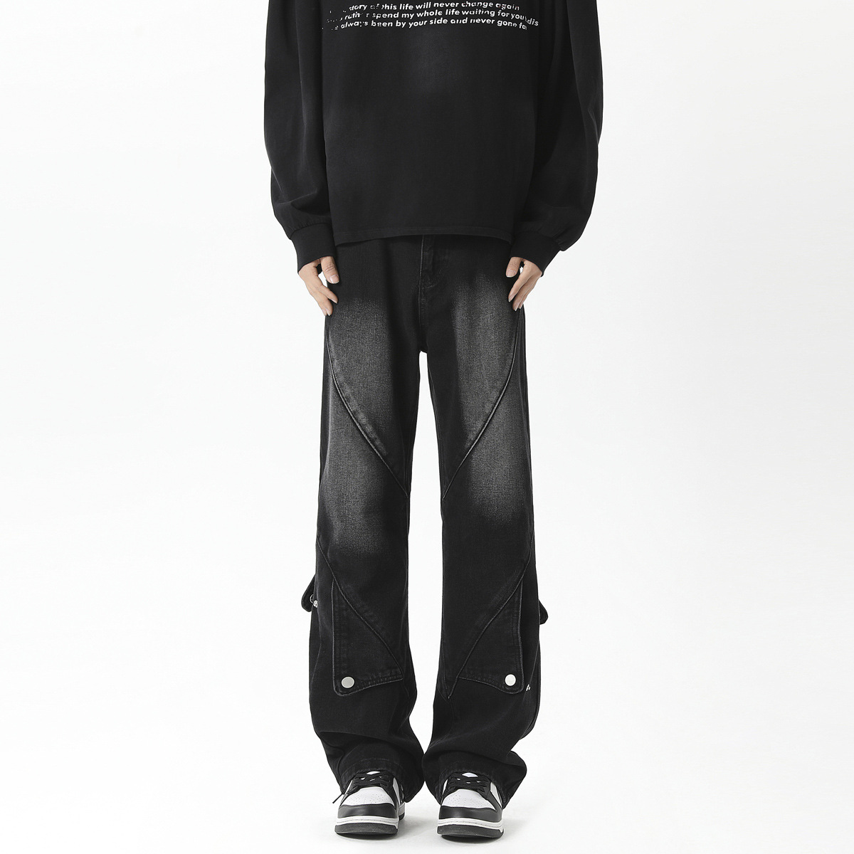 拼接微喇品牌牛仔裤男款新款时尚痞帅气质百搭休闲裤高清大图