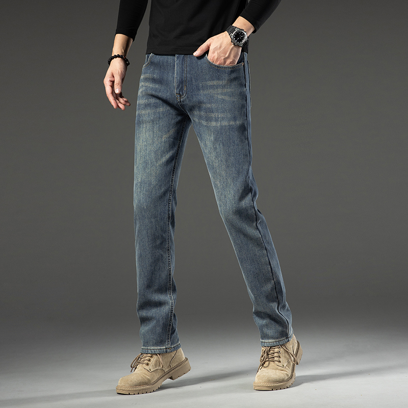 金盾(KIN DON)潮牌牛仔裤男秋冬季款黑色修身小脚韩版纯黑色帅气弹力百搭直筒休闲裤