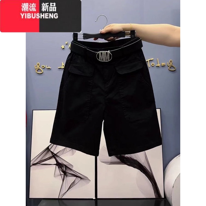 YIBUSHENG2023季新款韩版五分休闲裤女直筒高腰短裤宽松显瘦洋气百搭短裤 黑色黑腰带短裤 M码建议85-100斤