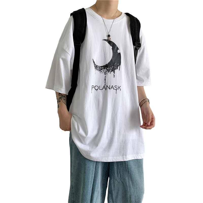 原宿风宽松五分袖男韩版潮流短袖t恤ins夏季学生百搭帅气半袖衣服 黑色 S