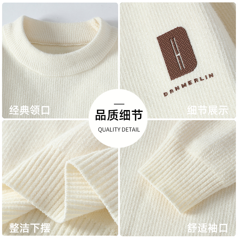 啄木鸟春秋冬季新款圆领套头毛衣男士加绒加厚保暖针织衫卫生衣衣服高清大图