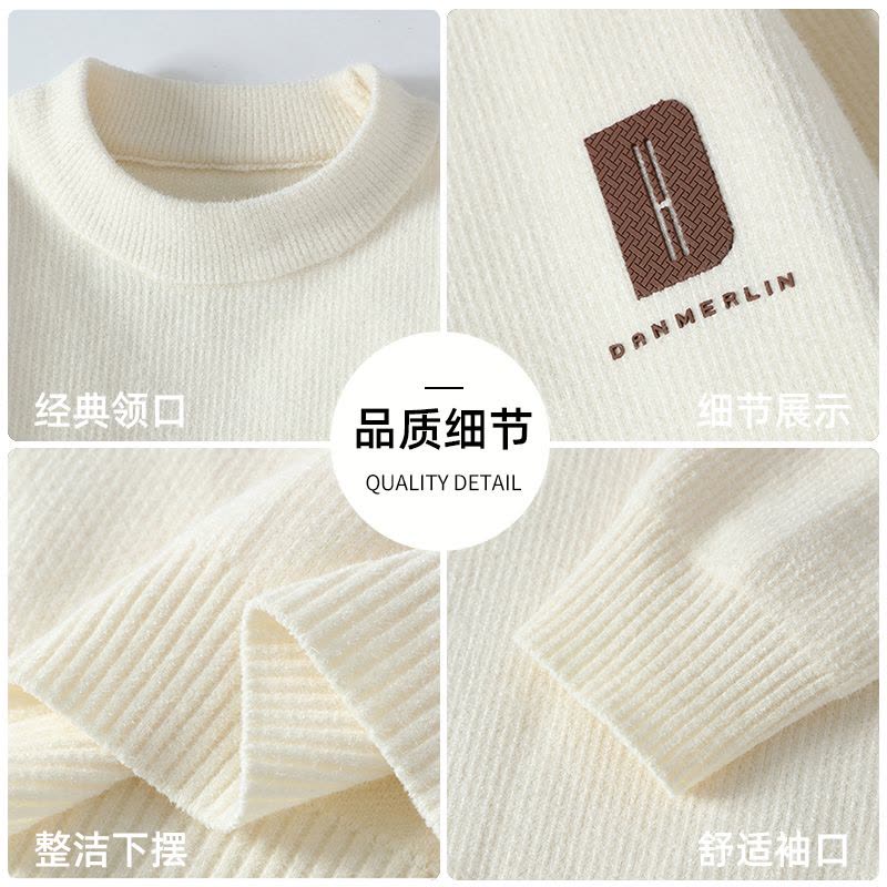 啄木鸟春秋冬季新款圆领套头毛衣男士加绒加厚保暖针织衫卫生衣衣服图片
