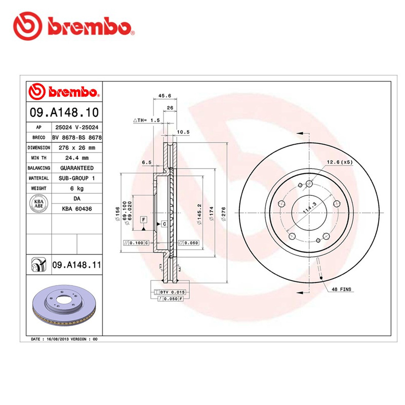 布雷博(brembo)前盘09.A148.11适配10-16款翼神 1.6/1.8/2.0L (对装)