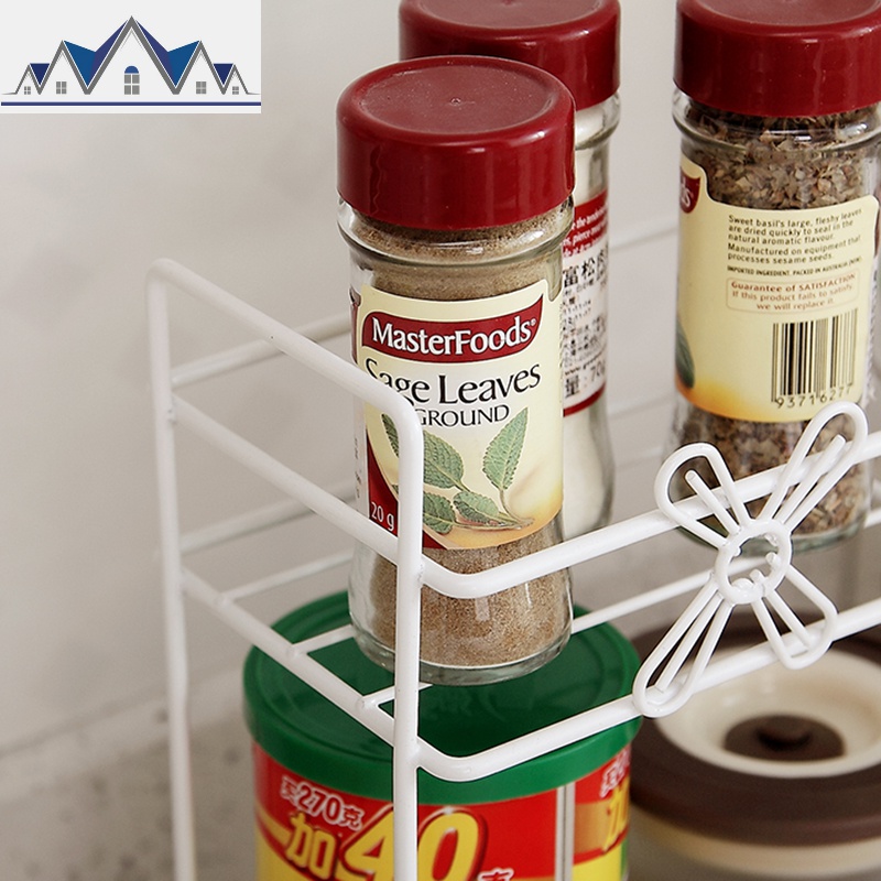 小花双层迷你厨房架宽10CM 桌面调味品收纳架 创意铁艺白色置物架_742高清大图