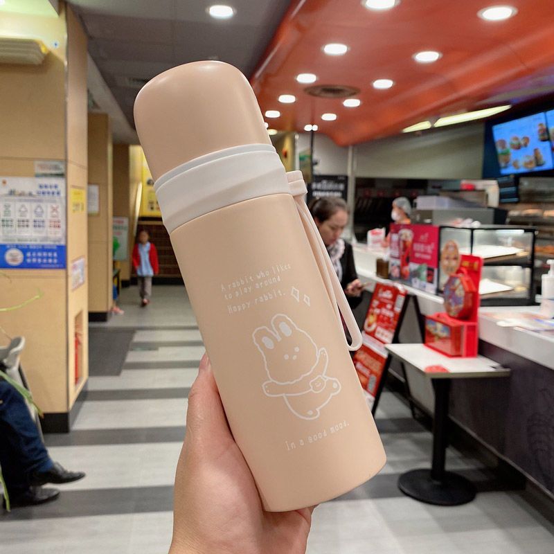 保温杯女便携简约清新森系学生可爱少女杯子带盖儿童创意个性水杯 粉色背包兔子--350ml