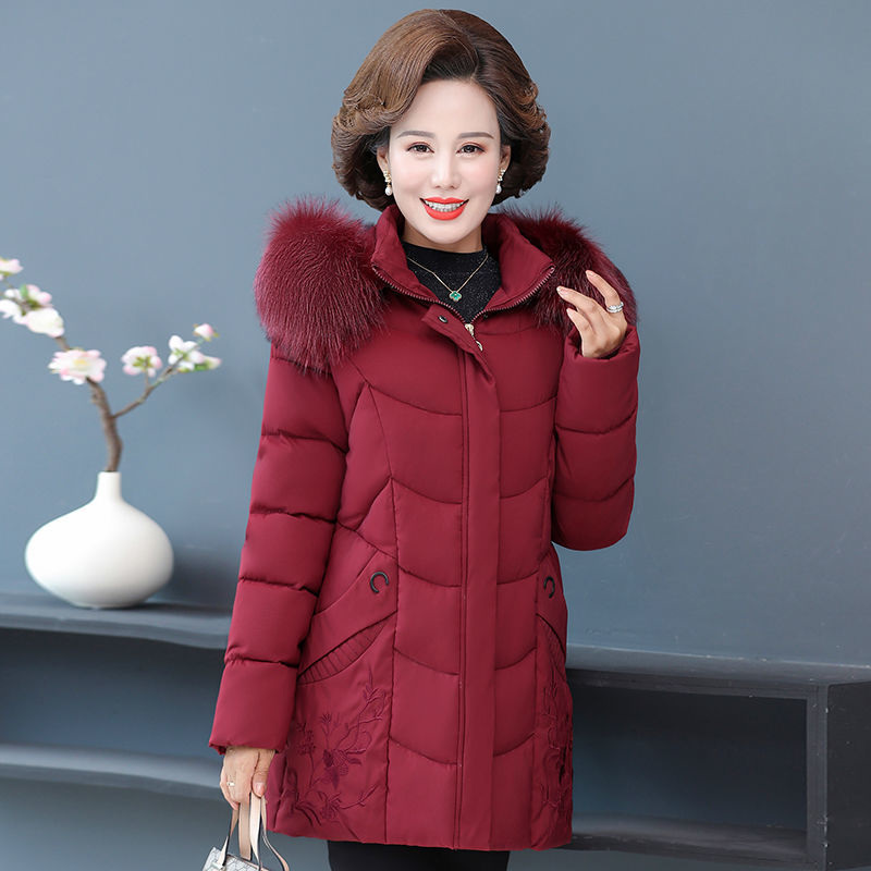 雪暖保暖棉衣秋冬季女装新款时尚毛领中老年妈妈休闲外套中长款