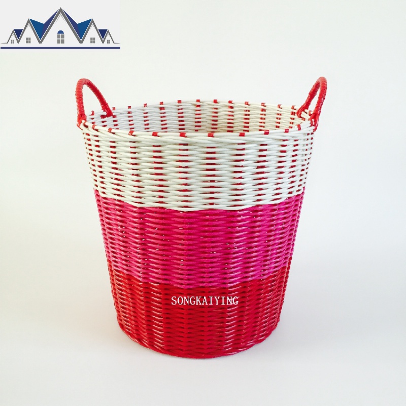 特大号脏衣篮手工编织玩具筐塑料藤编收纳筐篮篓洗衣篮购物篮 三维工匠 T特大号渐变粉圆桶