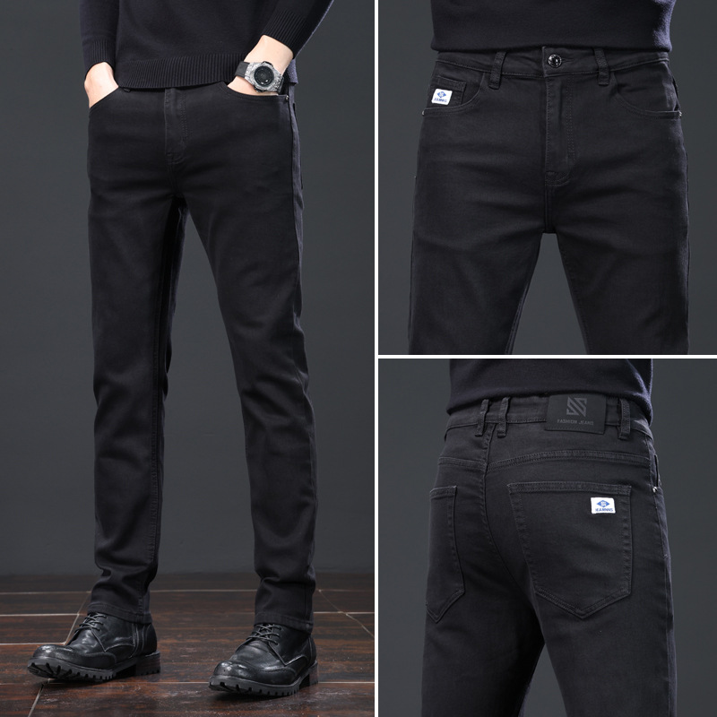 春秋款男牛仔裤 修身时尚简约长裤男士 潮牌中高腰弹力直筒裤男款 8822黑色 32（2尺5）140斤