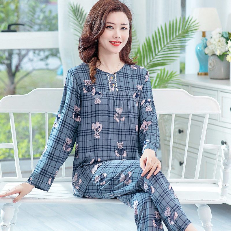 可外穿宽松棉绸套装春夏季长袖人造棉绵绸家居服睡衣套装薄款印花