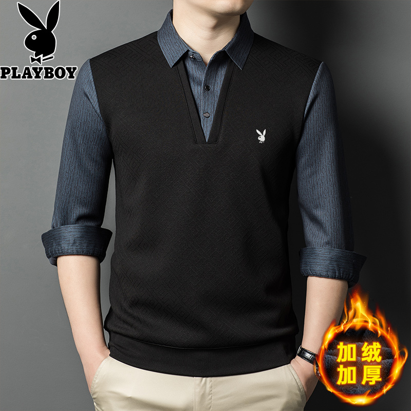花花公子2024秋冬季加绒加厚假两件毛衣男中年爸爸衬衫领长袖T恤高清大图