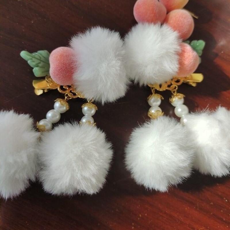 镜水簪阁发饰流苏毛绒桃子对夹头饰汉服发饰配饰日常百搭发夹款短流苏