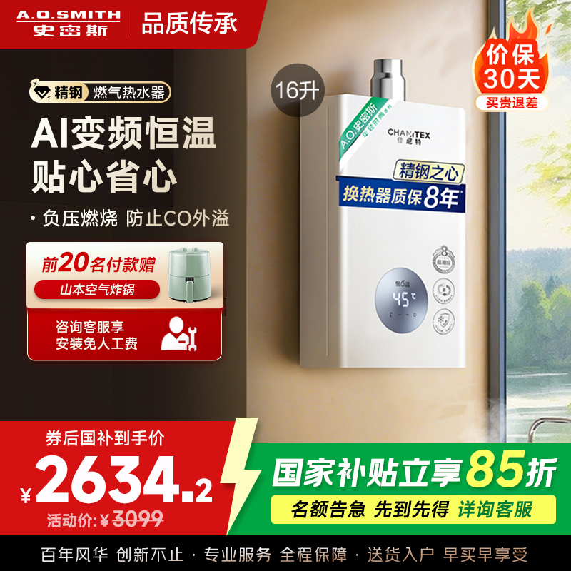 AO史密斯16升燃气热水器佳尼特 不锈钢换热器8年包换 恒温大水量 抗风防冻 JSQ31-TC1