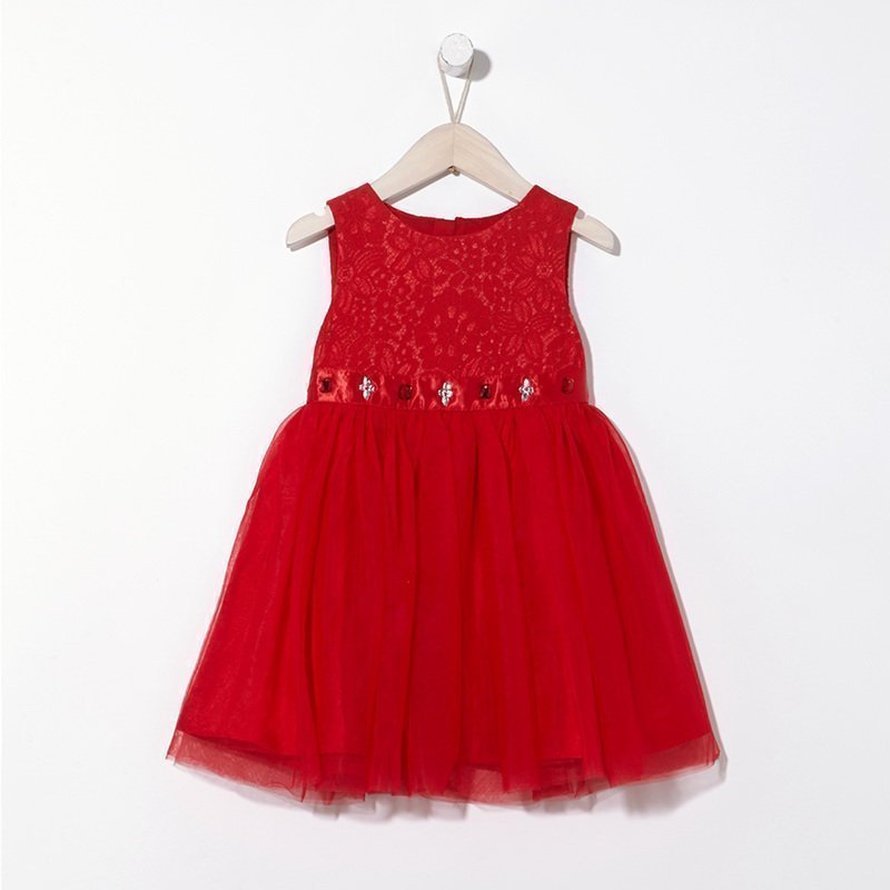 [99元3件]米喜迪mecity童装春新款女童蕾丝腰部红色连衣裙宴会礼服裙