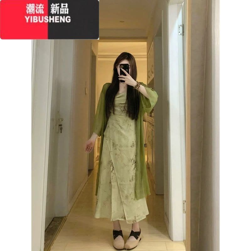 YIBUSHENG新中式国风复古挂脖碎花吊带连衣裙女季气质长裙子防晒开衫套装图片