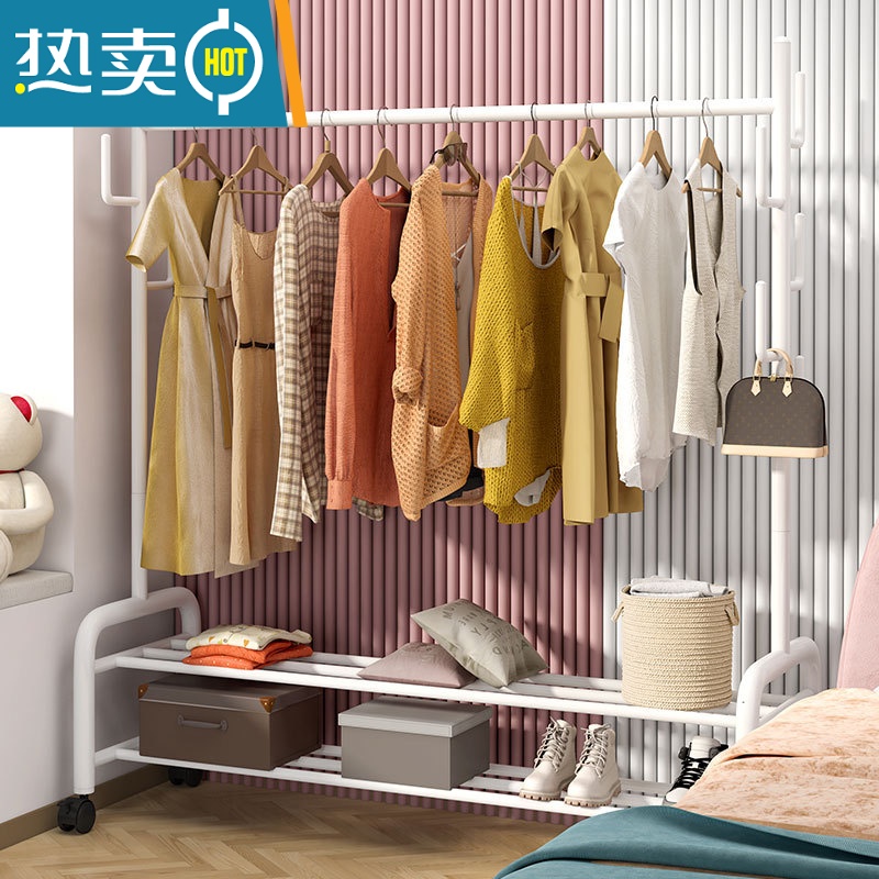 敬平挂衣架落地卧室内家用简易置物房间晾衣服架子租房折叠单杆衣帽架 100cm⭐特粗双层-加固7钩-白❤25管粗晾晒架高清大图