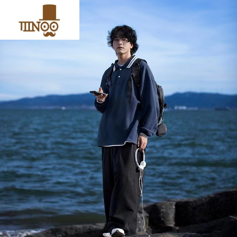 YANXU日系cityboy藏青色卫衣男女ins潮牌polo衫长袖美式复古外套高清大图