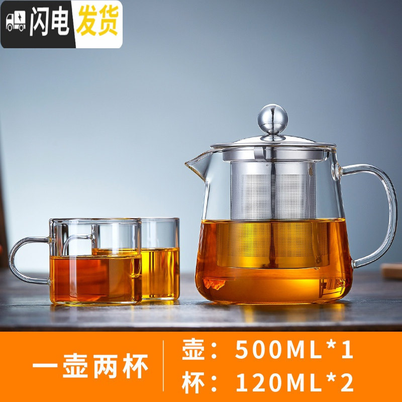 三维工匠玻璃泡花茶茶壶耐热可高温小冲茶器水壶过滤透明家用普洱茶具套装 怡然时光壶500+2杯(款)高清大图