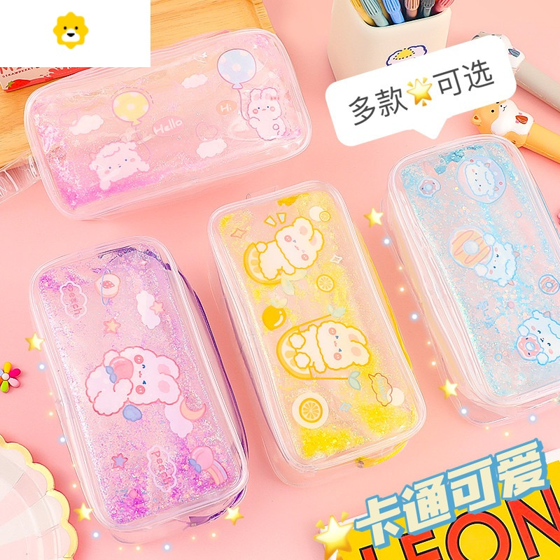 喻娄韩版可爱流沙笔袋is风透明大容量文具袋少女心高颜值卡通文具盒小学生初中铅笔盒生考试具防水pvc收纳化妆包