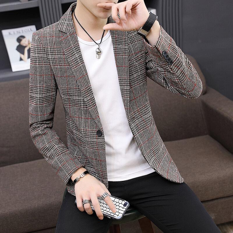 梵克公牛西服男休闲帅气单西 2021青年春秋新款男式常规小西服西装韩版修身格子商务工作男士西装外套