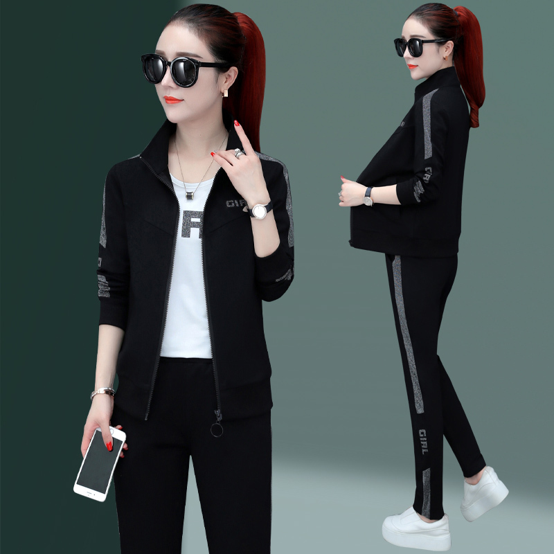 韩版三件套休闲套装女时尚显瘦线条大码运动服套装女运动衣团购服卫衣
