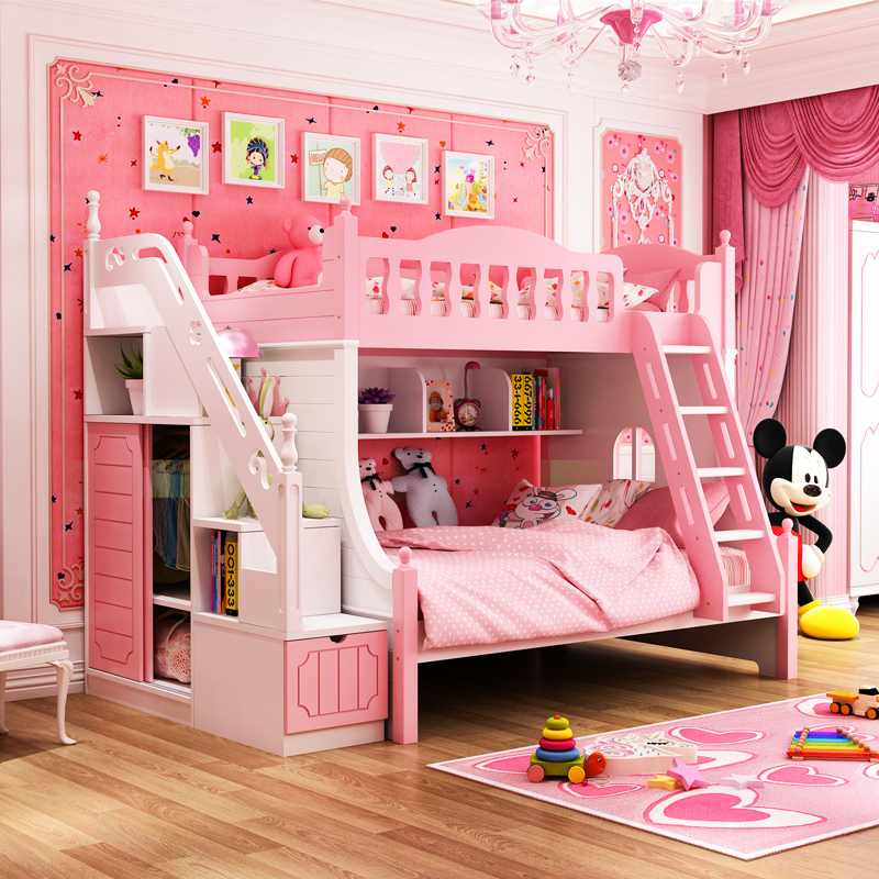 莱柯檑高低床儿童床上下床女孩双层床公主粉色实木子母床多功能床组合