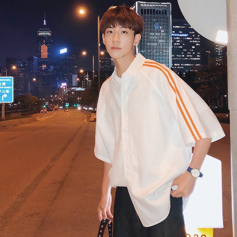 夏季年轻港风短袖衬衫男装五分袖寸衫纯色白色简约衬衣半截袖衣服