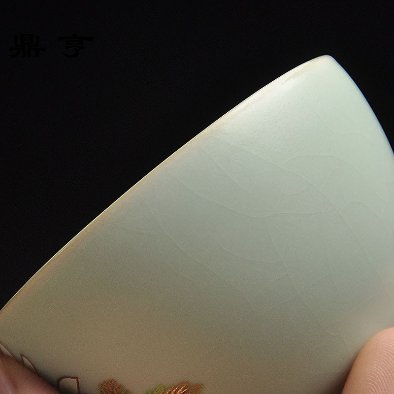 鼎亨清雅凝香天青汝窑开片浅浮金边花茶杯品茗杯主人杯陶瓷功夫