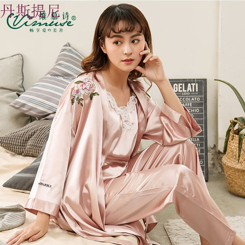 冰丝睡衣女夏七件套性感带短裤春秋薄款简约纯色长袖家居服套装