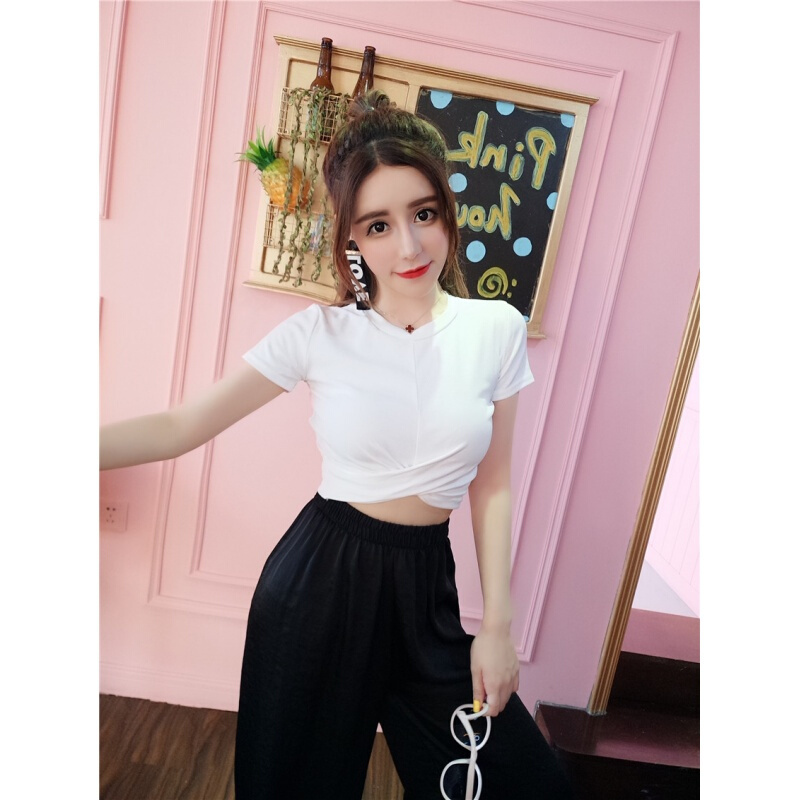 套装女夏2018新款气质交叉修身短袖T恤+休闲绑带小脚灯笼裤两件套砖红均码