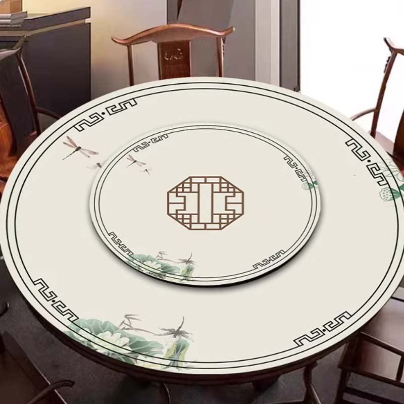 "餐桌垫中式无味皮革桌布硅胶tpu转盘桌布圆桌垫防水防烫餐桌桌布 荷花-pvc 140cm直径"
