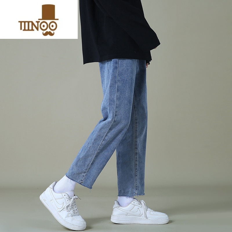 YANXU夏季浅蓝色牛仔裤男九分裤直筒宽松男士休闲韩版潮流毛边长裤子 G22蓝色 31