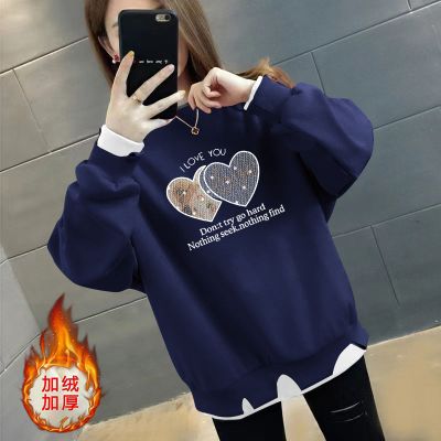 假两件秋冬款上衣时尚不规则宽松显瘦ins加绒/不加绒女士卫衣 加绒加厚-透明爱心【藏蓝色】 2XL建议140-160斤
