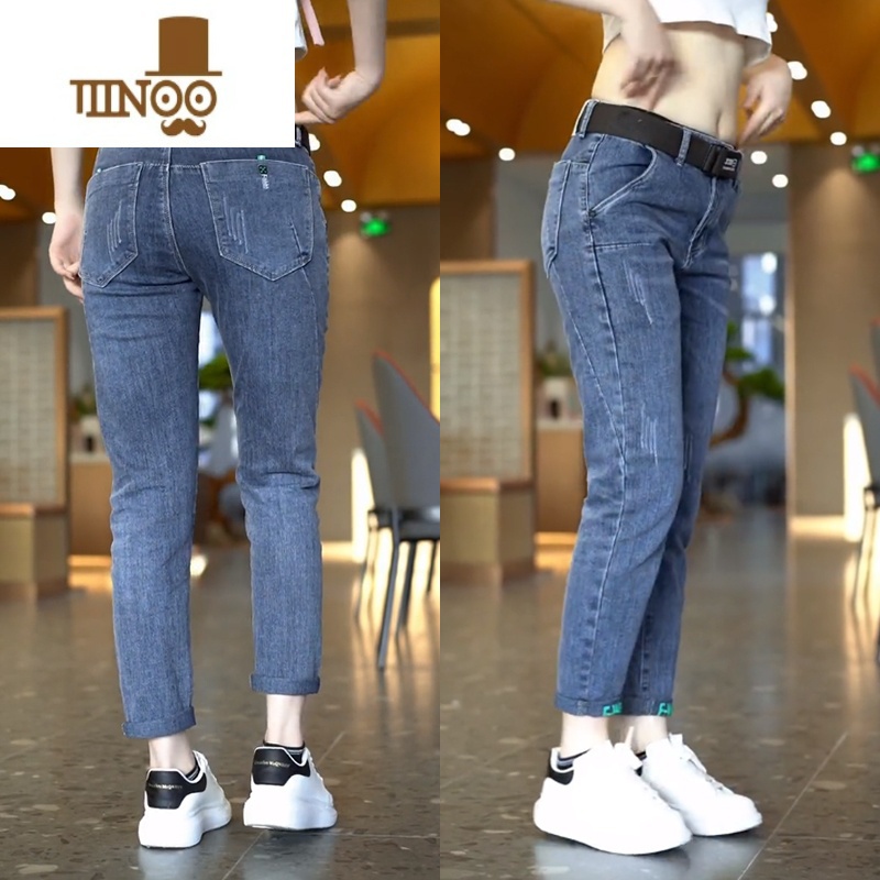 YANXU夏季修身小脚牛仔裤男款潮牌水洗印花休闲裤子男士时尚百小仔裤仔高清大图
