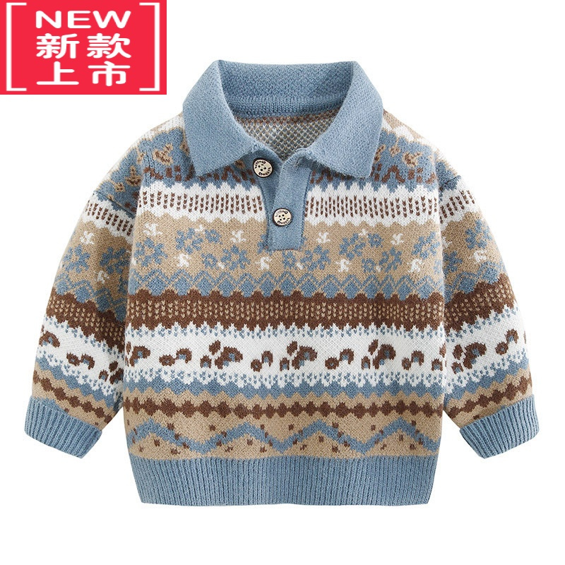 可莉允男童毛衣双层织厚款秋冬新款韩版儿童翻领毛线衣宝宝套头上衣
