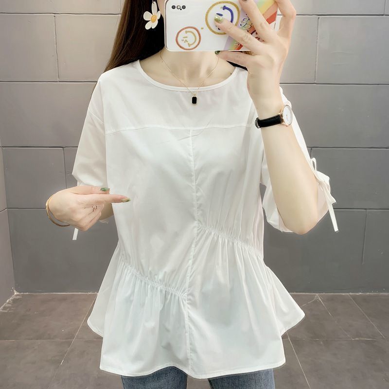 棉显瘦短袖衬衫女新款宽松圆领抽绳不规则收腰娃娃衫上衣