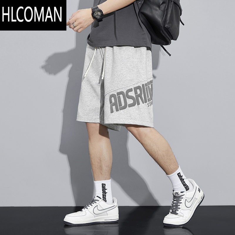 HLCOMAN男夏天短裤潮牌宽松运动外穿休闲夏季薄款发泡印花五分卫裤子