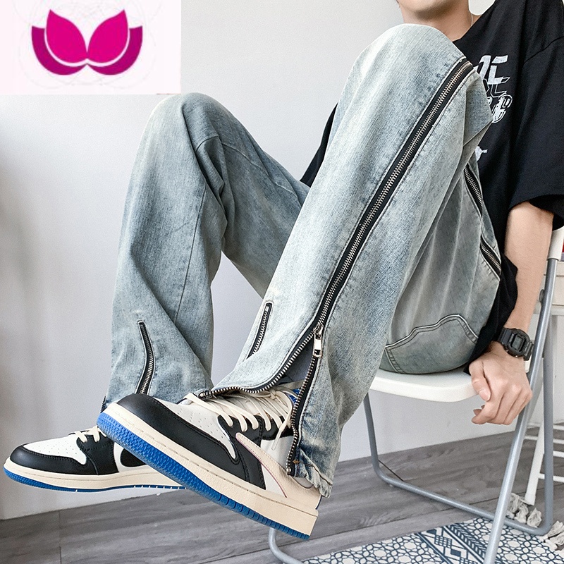 七斓侧边拉链牛仔裤男美式高街设计感开叉直筒裤潮牌ins痞帅长裤