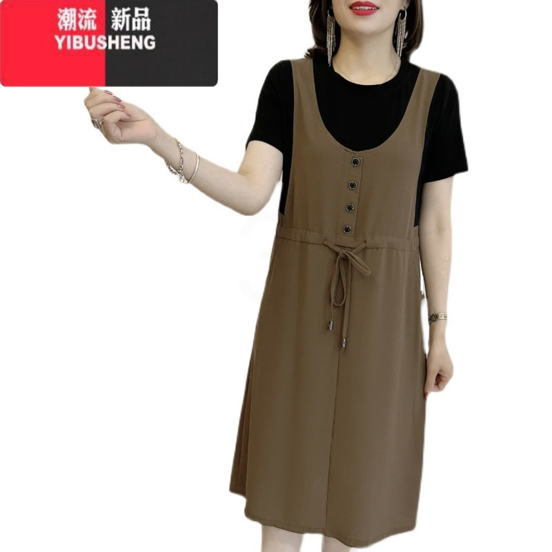 YIBUSHENG季新款圆领连衣裙拼色假两件气质显瘦减龄妈妈装宽松洋气中长裙