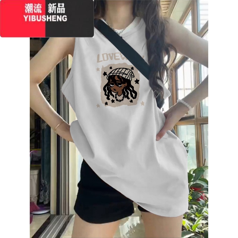 YIBUSHENG美式复古坎肩背心t恤女季外穿高级感中长款宽松无袖上衣服 白色B06- 2XL