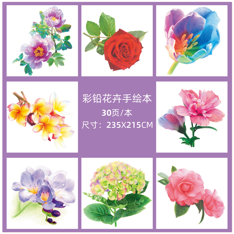 [醉染正版]彩铅花卉手绘本 线稿填色 彩铅画入门教程书 儿童手绘花卉上色画册临摹涂色涂鸦美术初学成人临摹底稿素材 绘画书高清大图