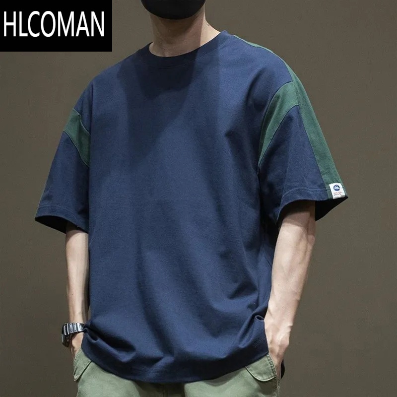 HLCOMAN拼接撞色时尚休闲短袖t恤男士夏装大码宽松青少年潮流百搭上衣服 蓝色 XL建议120-135斤
