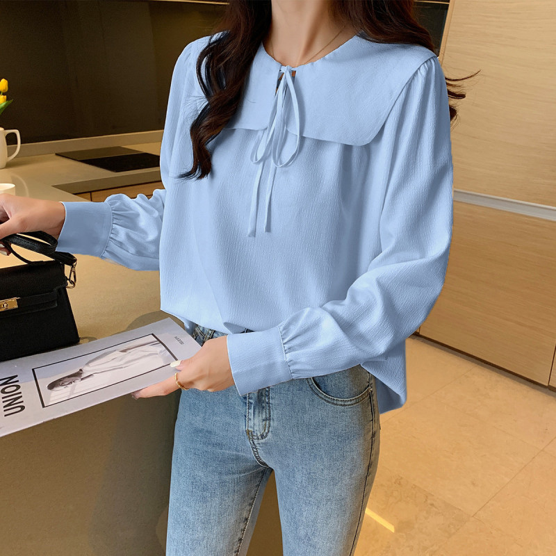唐狮秋季衬衫女韩版可爱俏皮娃娃领花边绑绳长袖衬衣百搭