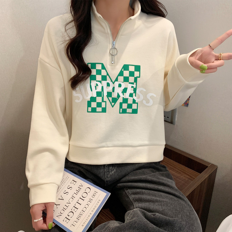 唐狮卫衣女春装新款韩版宽松polo领棋盘格字母印花上衣潮