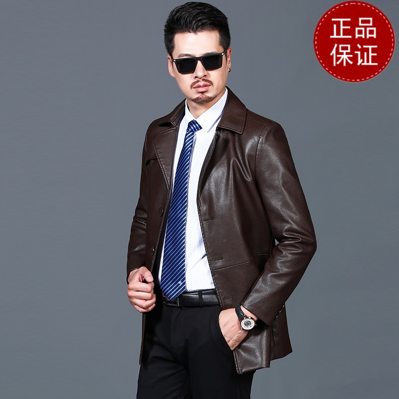 免费试穿 春秋装防水皮风衣男外套时尚西装领短款大衣后中开叉修身中长款皮衣2024冬装新款外套潮海宁软皮夹克大码男装高清大图